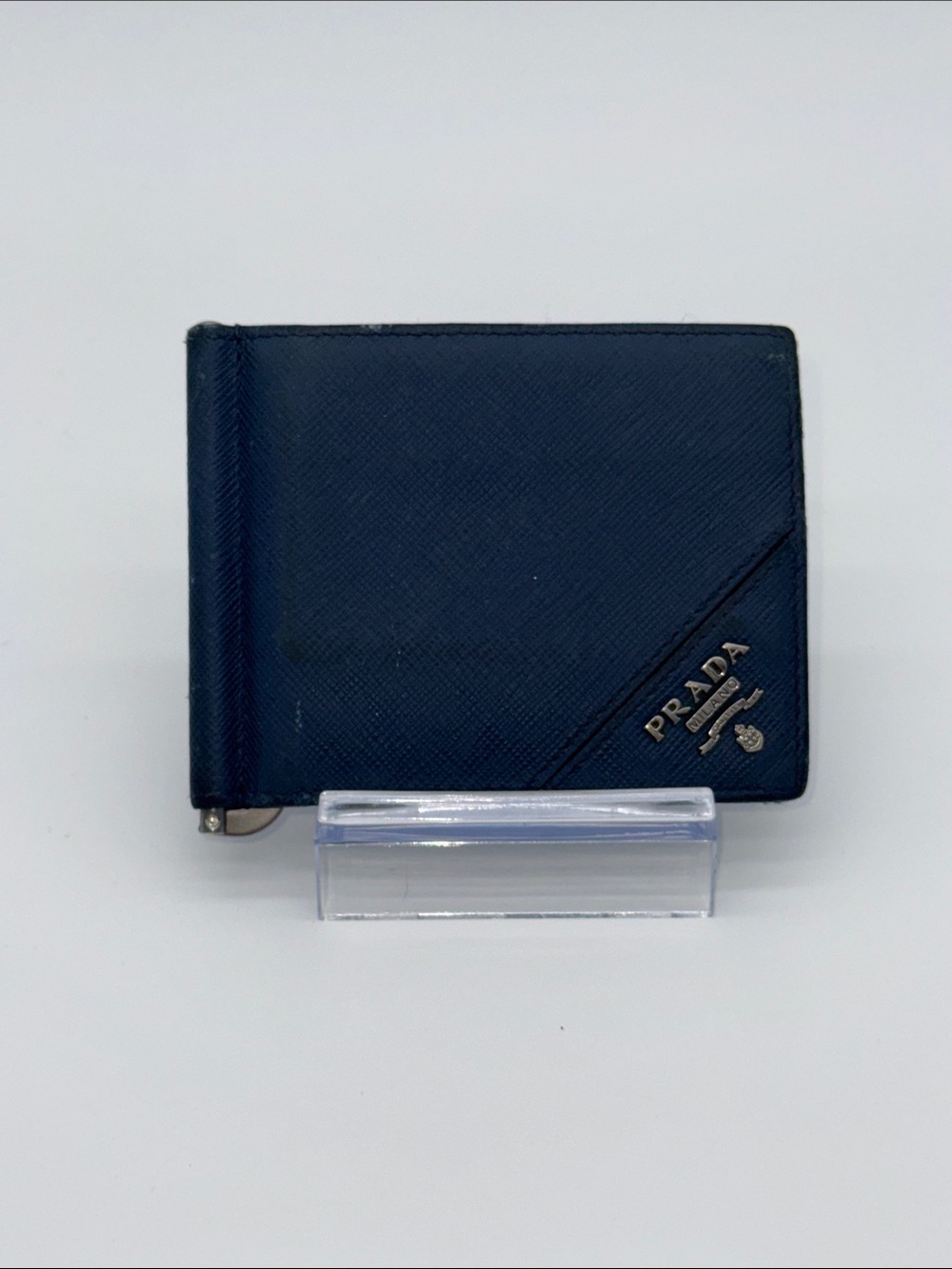 Prada Navy Saffiano Leather Money Clip Wallet with Gold Logo